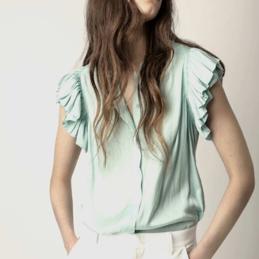 *NWT*  Zadig & Voltaire Tiza Satin Top, Celadon, Size SM